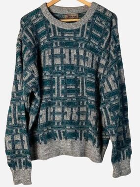 Vintage Jantzen Men's Teal & Gray Patterned Crewneck Sweater